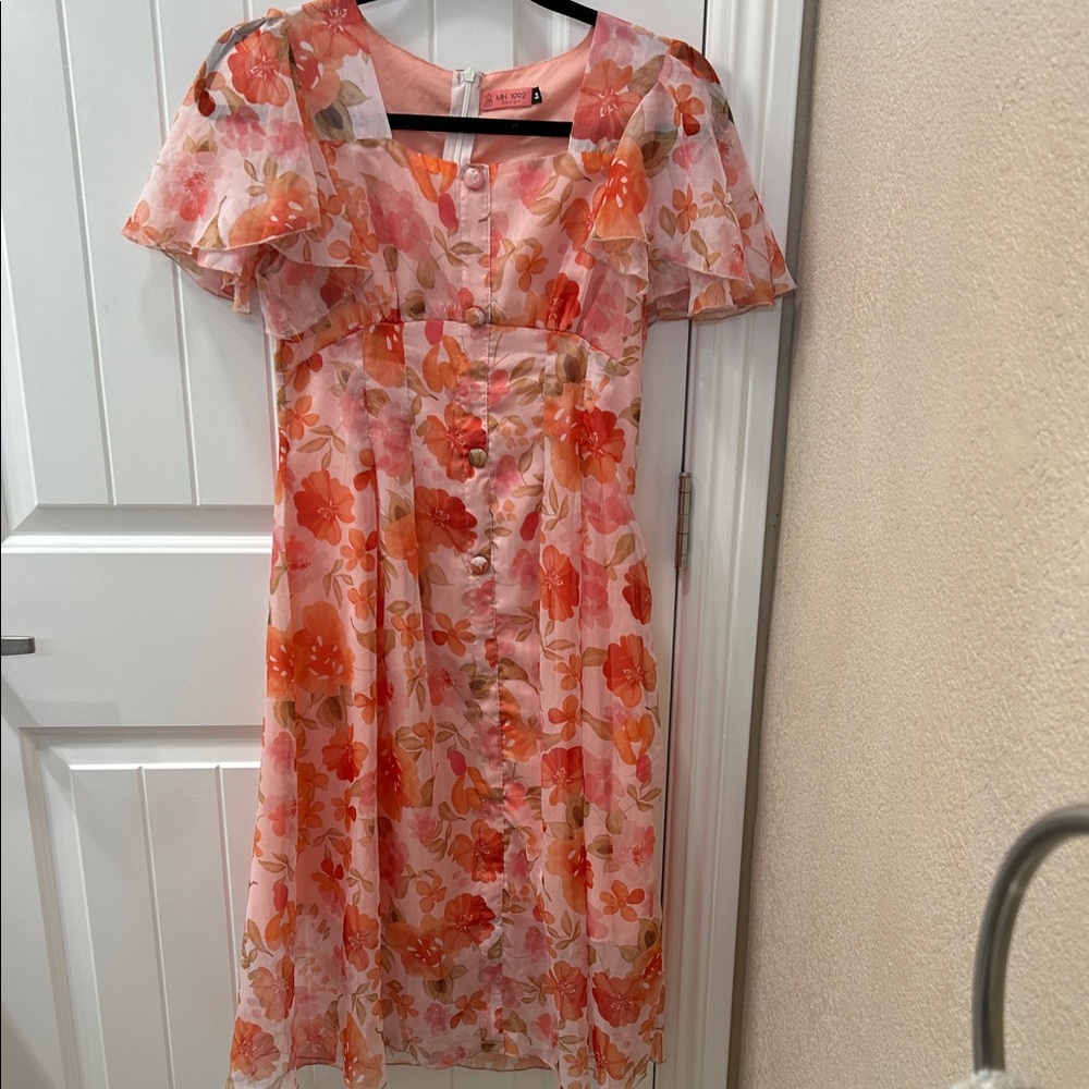 Chic Floral Midi Dress in Pink and Orange soft flowing floral pattern so pretty
